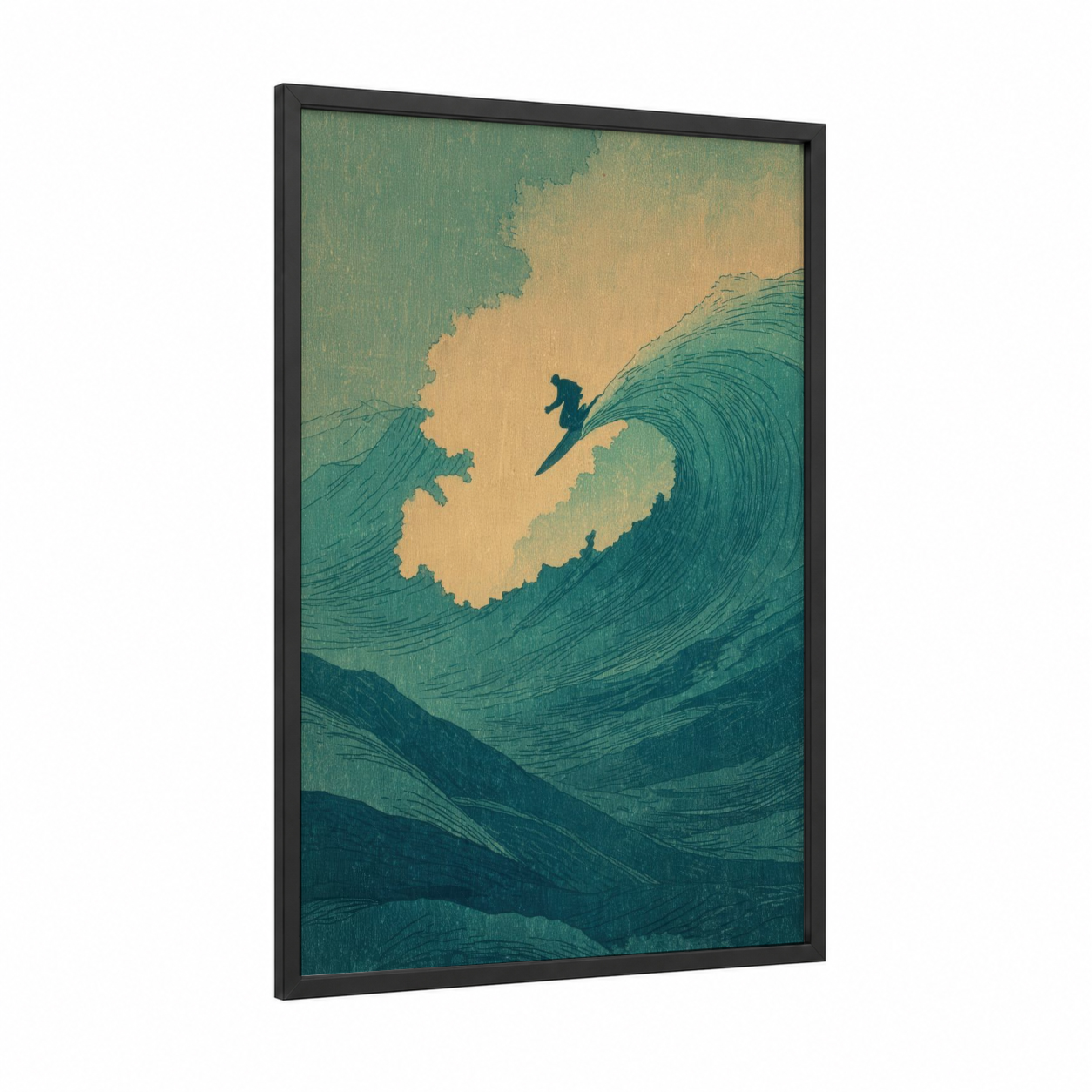 Golden Wave Surfer framed water surfing print — black wood frame — teal and gold palette