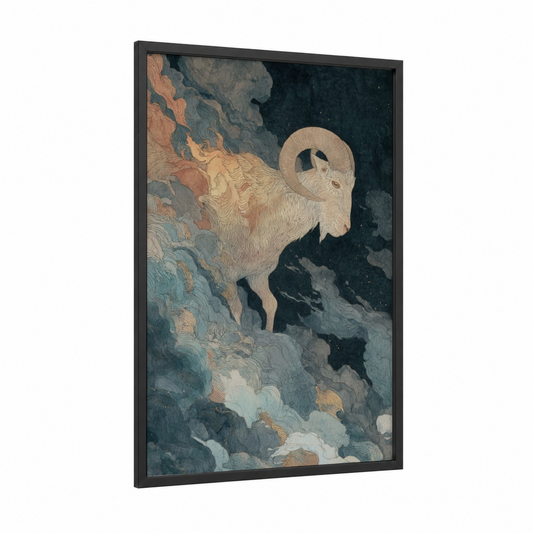 Celestial Capricorn framed art print — black wood frame — gold and dark blue palette
