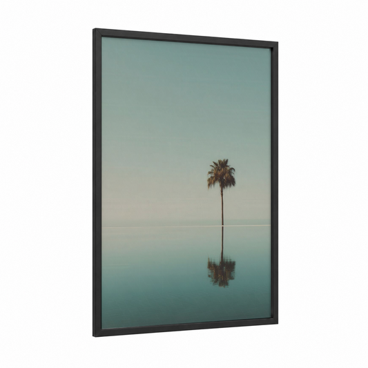 Solitary Palm Oasis framed art print — black wood frame — sage green and cream palette