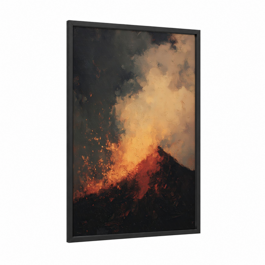 Molten Volcano framed art print — black wood frame — gold and black and red palette