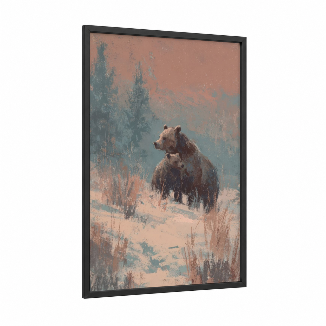 Snowy Grizzly framed grizzly bear print — black wood frame — cream and sage green palette