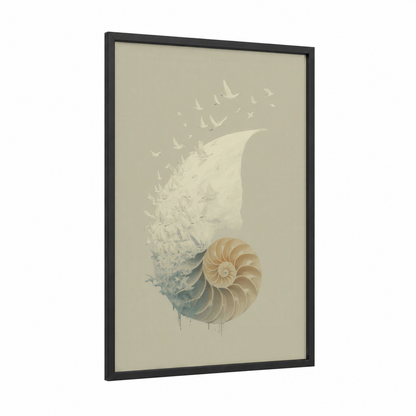Nautilus Ascent framed art print — black wood frame — beige and dove gray palette