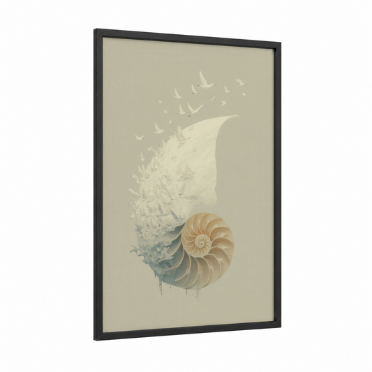 Nautilus Ascent framed art print — black wood frame — beige and dove gray palette