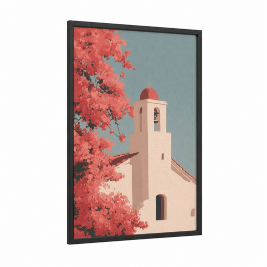 Crimson Blossom Chapel framed churches and chapels print — black wood frame — red and blue palette