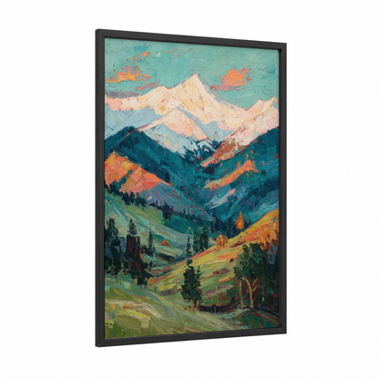 Alpine Sunrise framed snowy mountains print — black wood frame — turquoise and gold palette