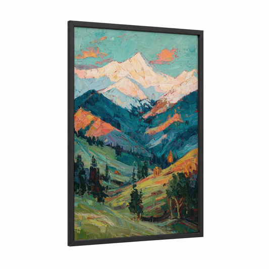 Alpine Sunrise framed snowy mountains print — black wood frame — turquoise and gold palette
