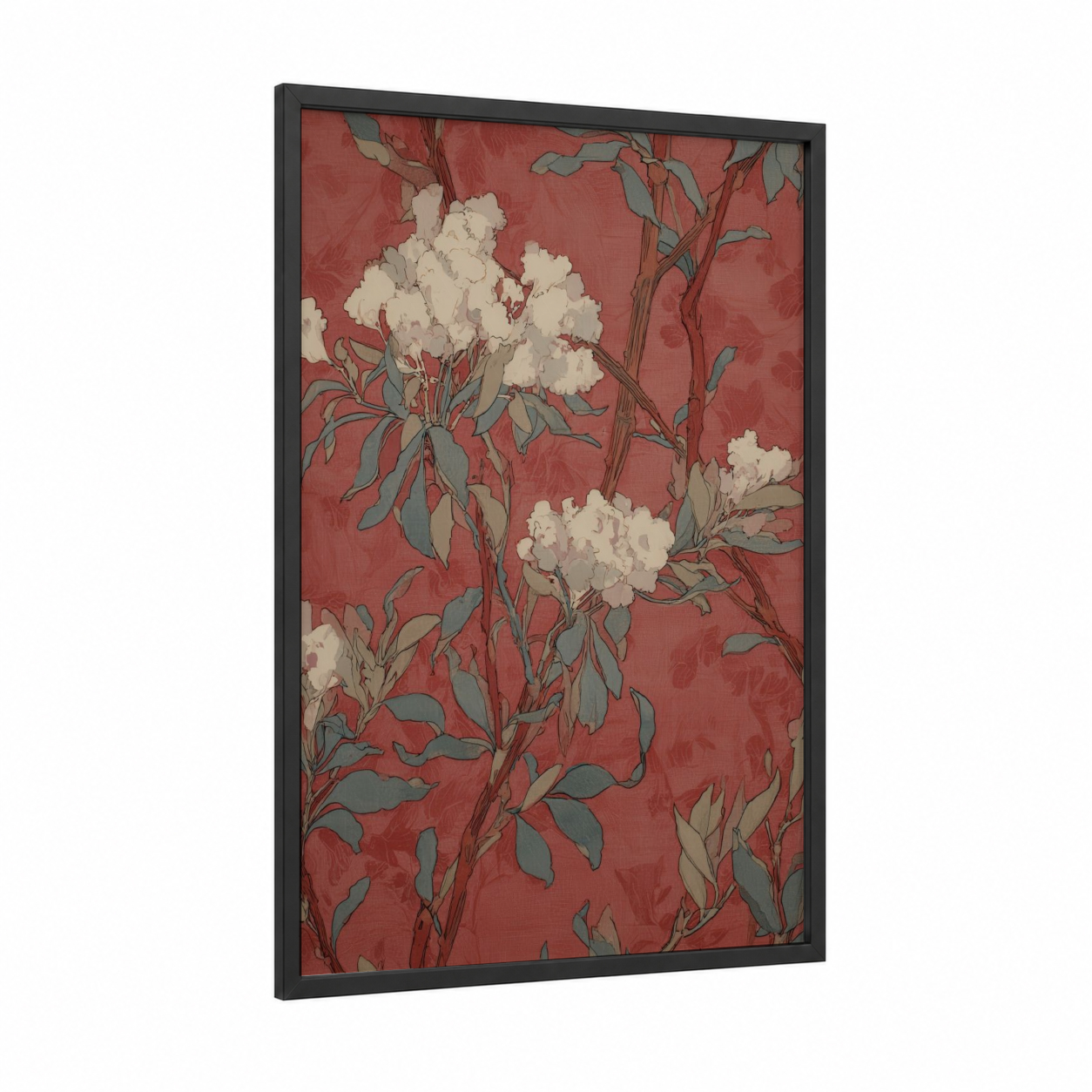 Crimson Desert Blooms framed savanna and desert trees print — black wood frame — russet and sage green palette