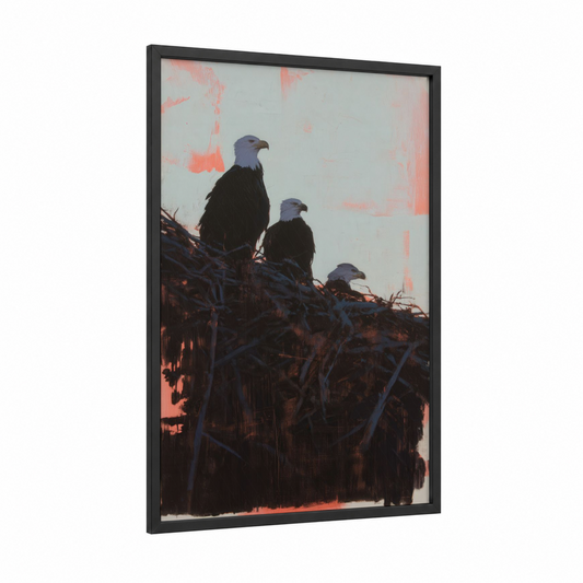 Sunset Eagles Trio framed art print — black wood frame — salmon pink and cream palette