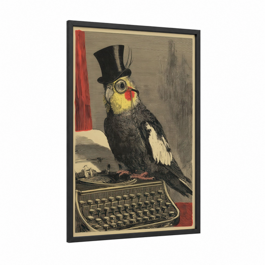 Steampunk Cockatiel framed art print — black wood frame — black and white and red palette