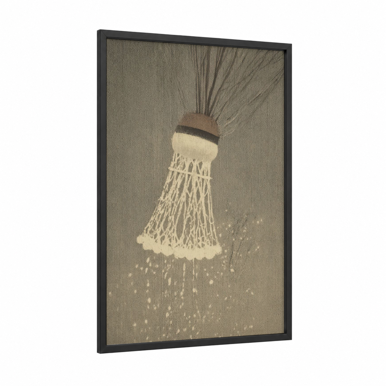 Badminton Shuttlecock framed art print — black wood frame — cream and dove gray palette