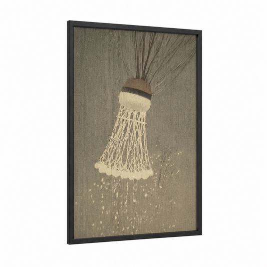 Badminton Shuttlecock framed art print — black wood frame — cream and dove gray palette