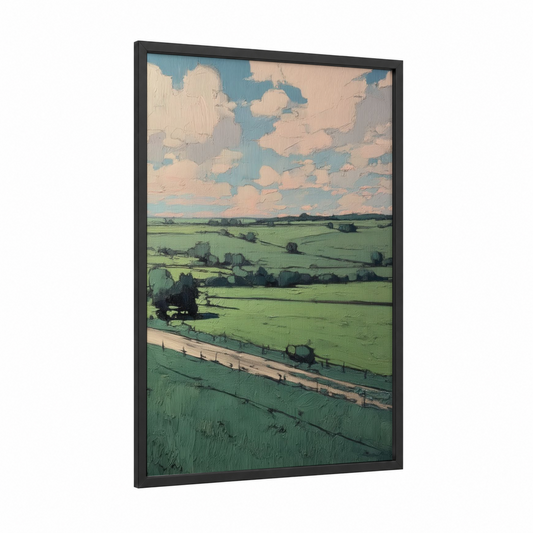 Pastoral Valley framed various landscapes print — black wood frame — light green and blue palette