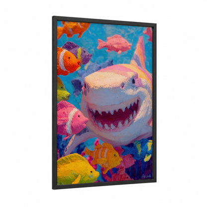 Smiling Bull Shark framed art print — black wood frame — blue and orange palette