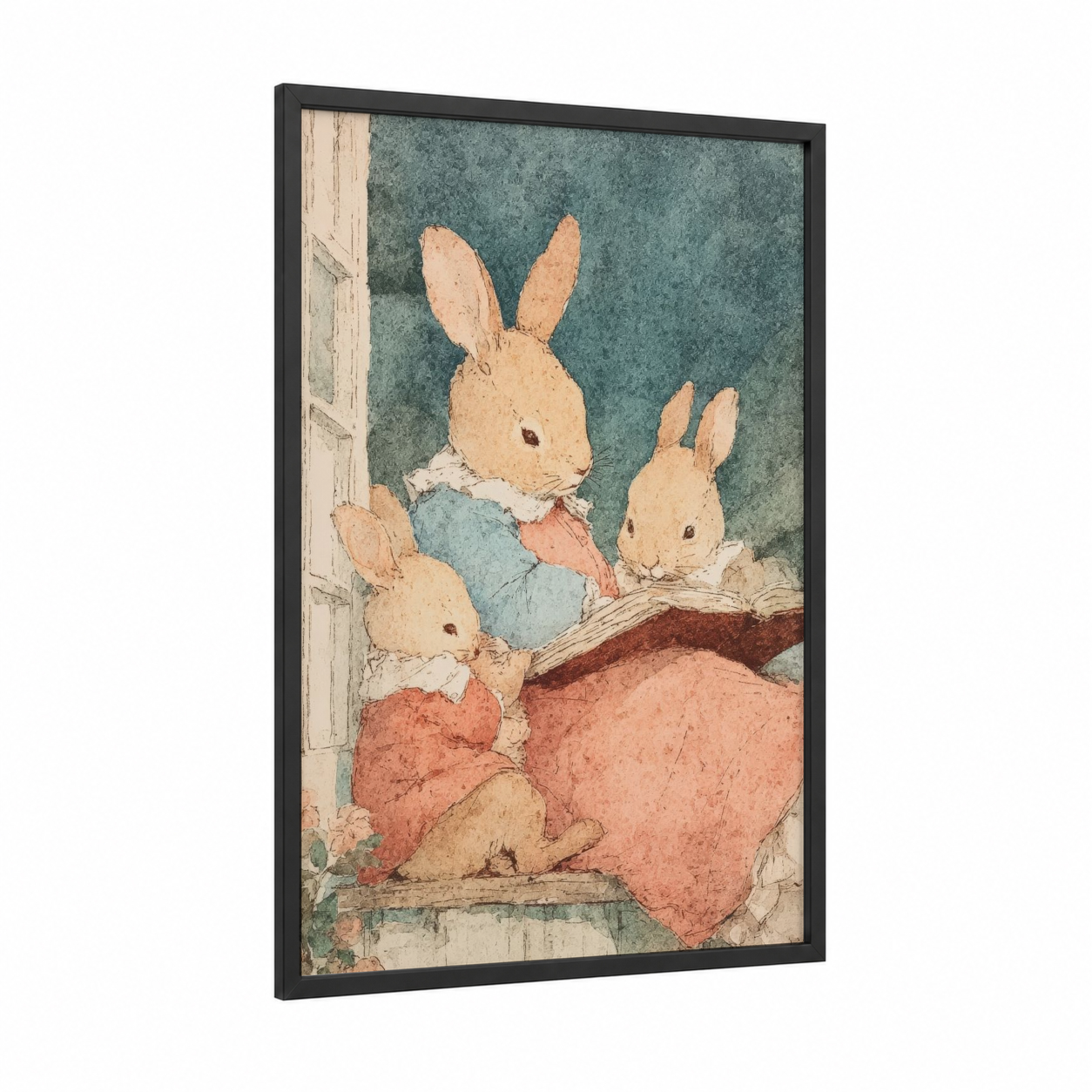 Storybook Bunnies framed mother's day print — black wood frame — sage green and peach palette
