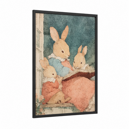 Storybook Bunnies framed mother's day print — black wood frame — sage green and peach palette