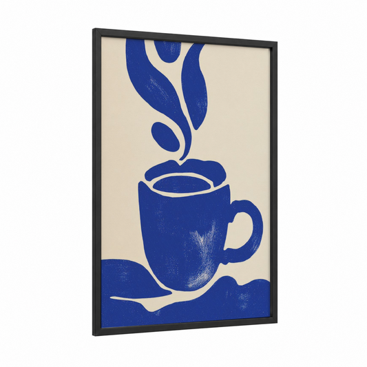 Steaming Coffee Cup framed art print — black wood frame — blue and cream palette