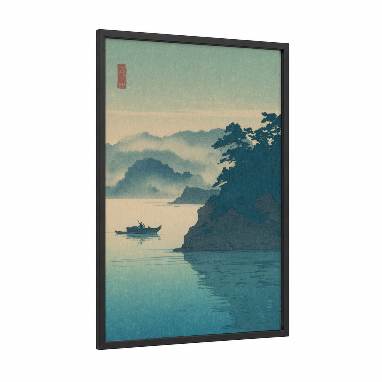 Misty Mountain Cove framed seascapes and ocean print — black wood frame — blue and cream palette