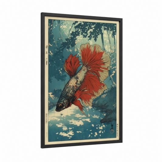 Crimson Betta Glory framed fighting fish print — black wood frame — red and teal palette