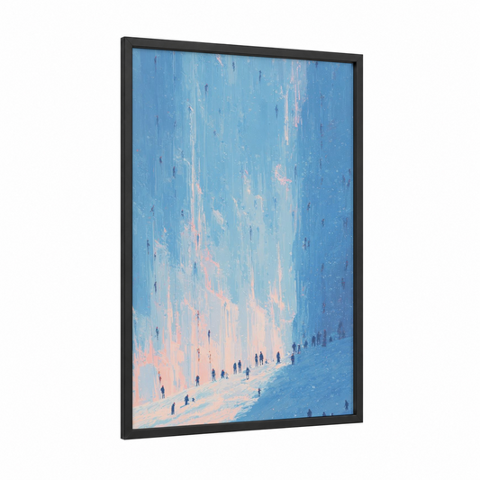 Frozen Canyon Ascent framed ice climbing print — black wood frame — blue and salmon pink palette