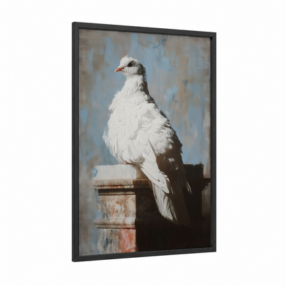 Perched Dove framed art print — black wood frame — gray and white and dove gray palette