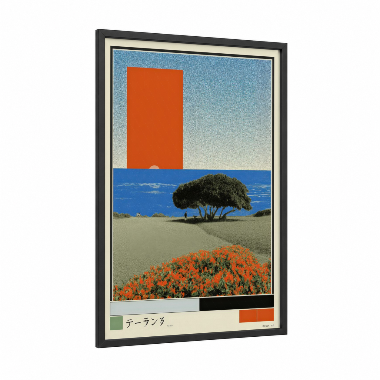 Mediterranean Dreamscape framed japanese y2k print — black wood frame — blue and orange palette