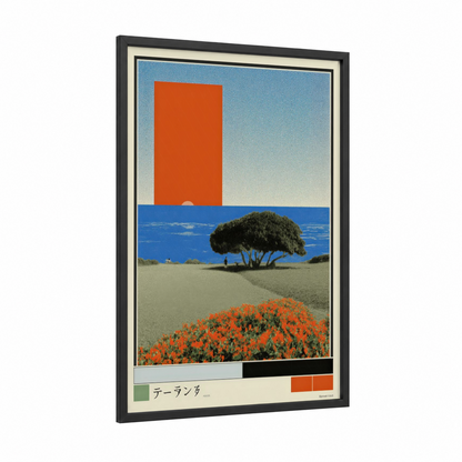 Mediterranean Dreamscape framed japanese y2k print — black wood frame — blue and orange palette