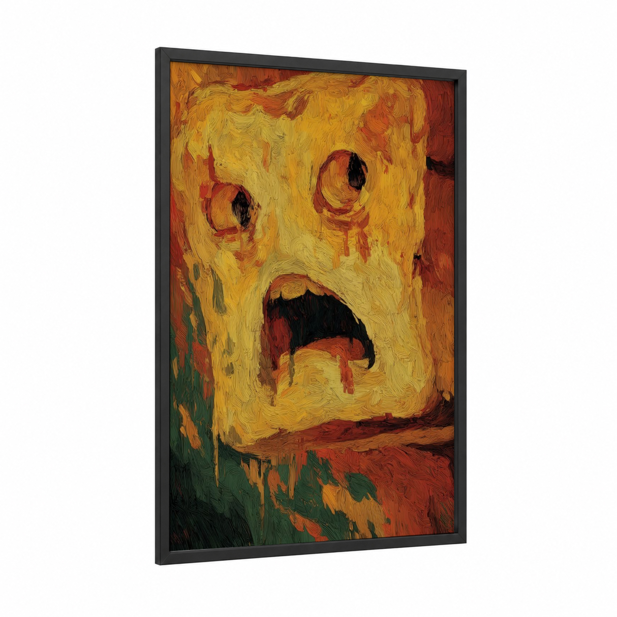 Melting Cheese Face framed art print — black wood frame — yellow gold and red palette