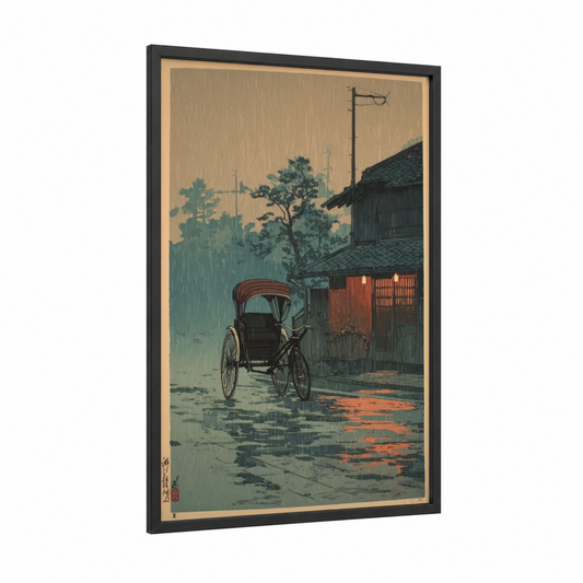 Rainy Rickshaw framed art print — black wood frame — teal and cream palette