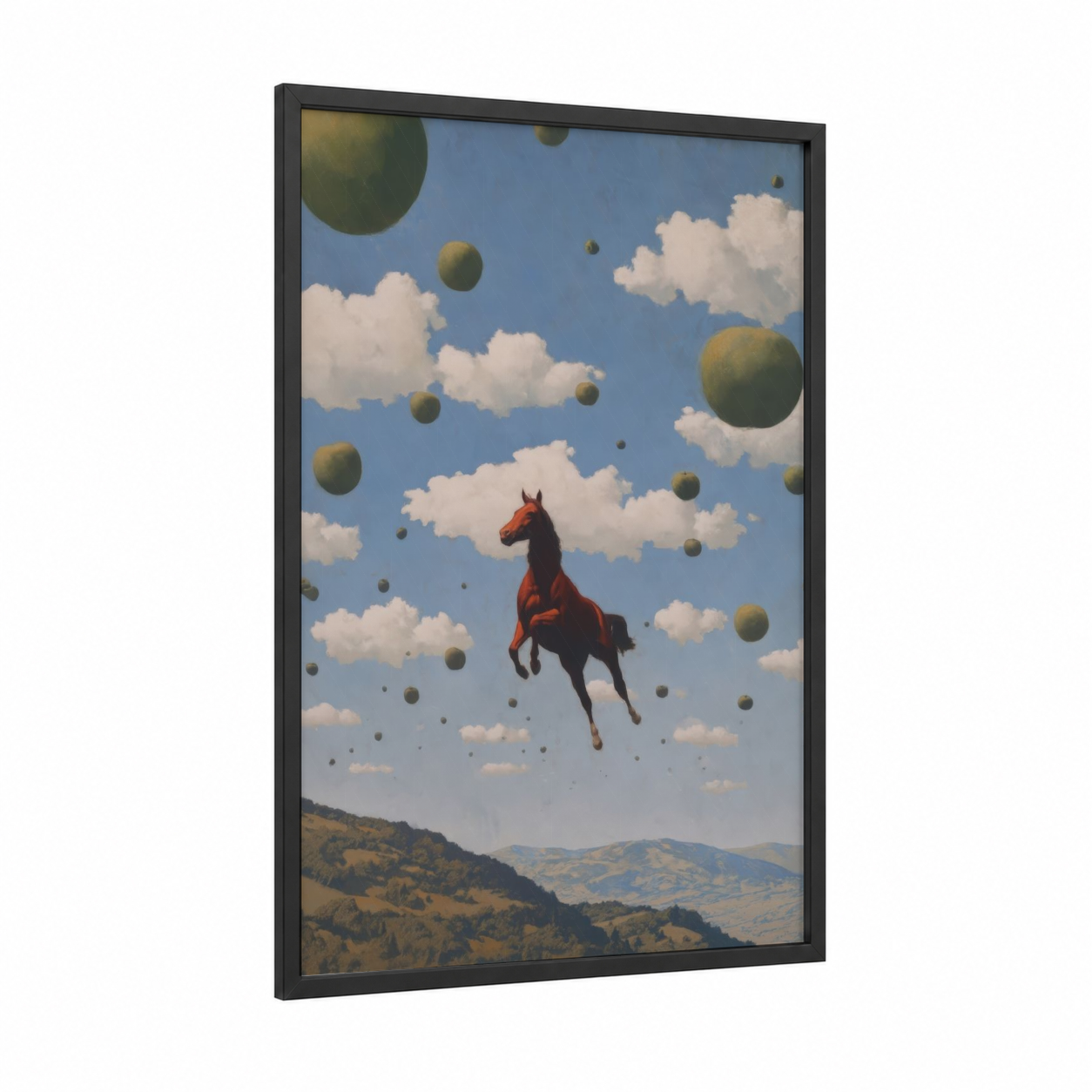 Crimson Sky Horse framed quarter horse print — black wood frame — blue and gold palette