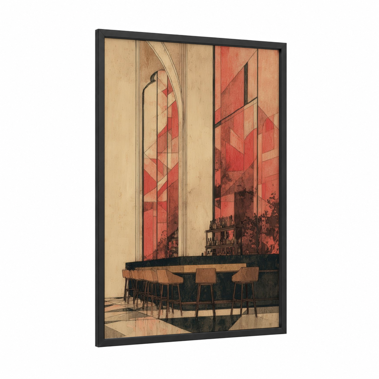 Rose Wine Elegance framed art print — black wood frame — salmon pink and cream palette