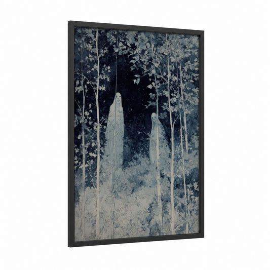 Forest Specters framed ghost print — black wood frame — black and white and gray palette