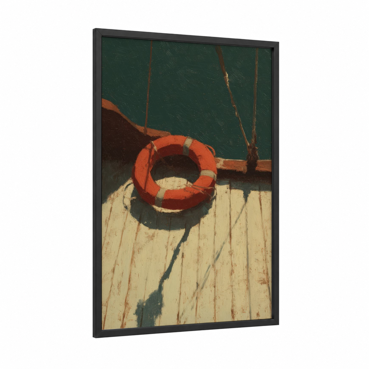 Dockside Life Ring framed art print — black wood frame — dark green and orange palette