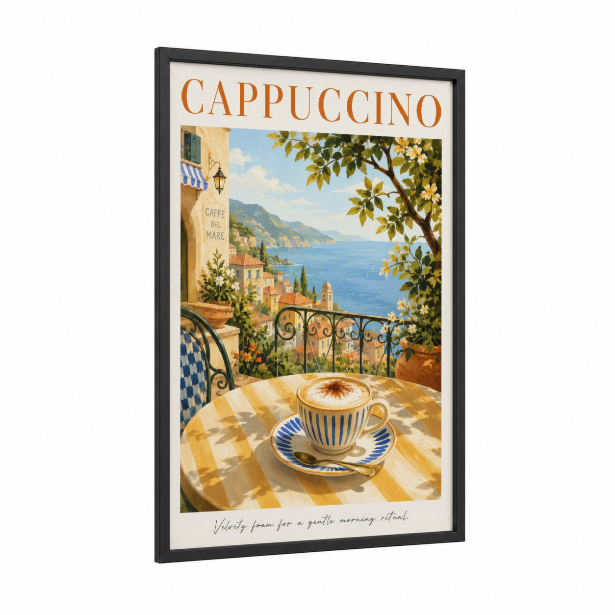 Italian Coastal Cappuccino Morning Wall Art framed coffee print — black wood frame — blue and cream palette