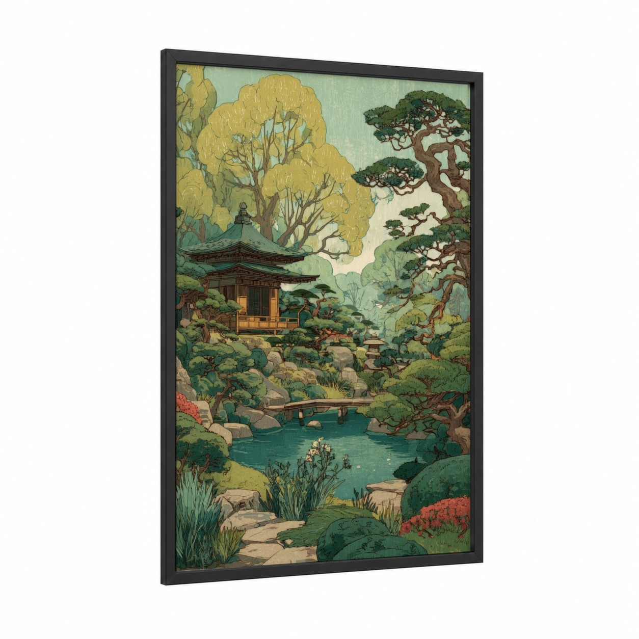 Serene Temple Garden framed art print — black wood frame — teal and gold palette