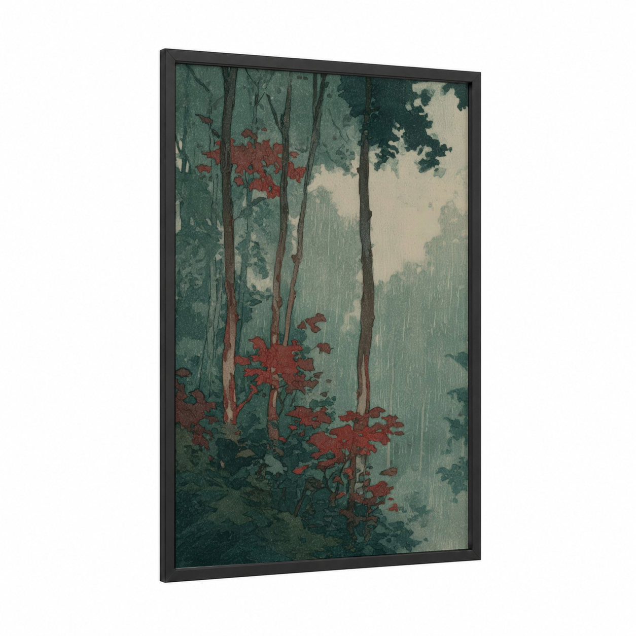 Crimson Arbutus Rain framed arbutus tree print — black wood frame — dark green and cream palette