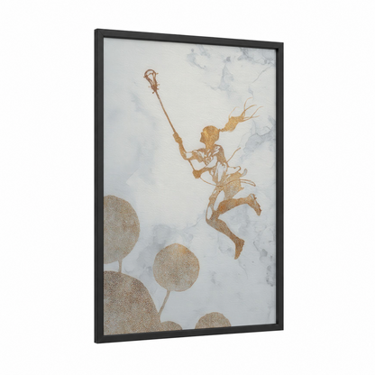 Golden Lacrosse Warrior framed art print — black wood frame — gold and gray and white palette