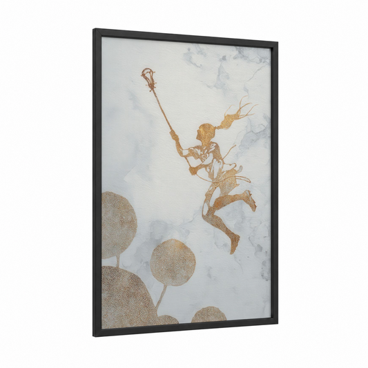 Golden Lacrosse Warrior framed art print — black wood frame — gold and gray and white palette