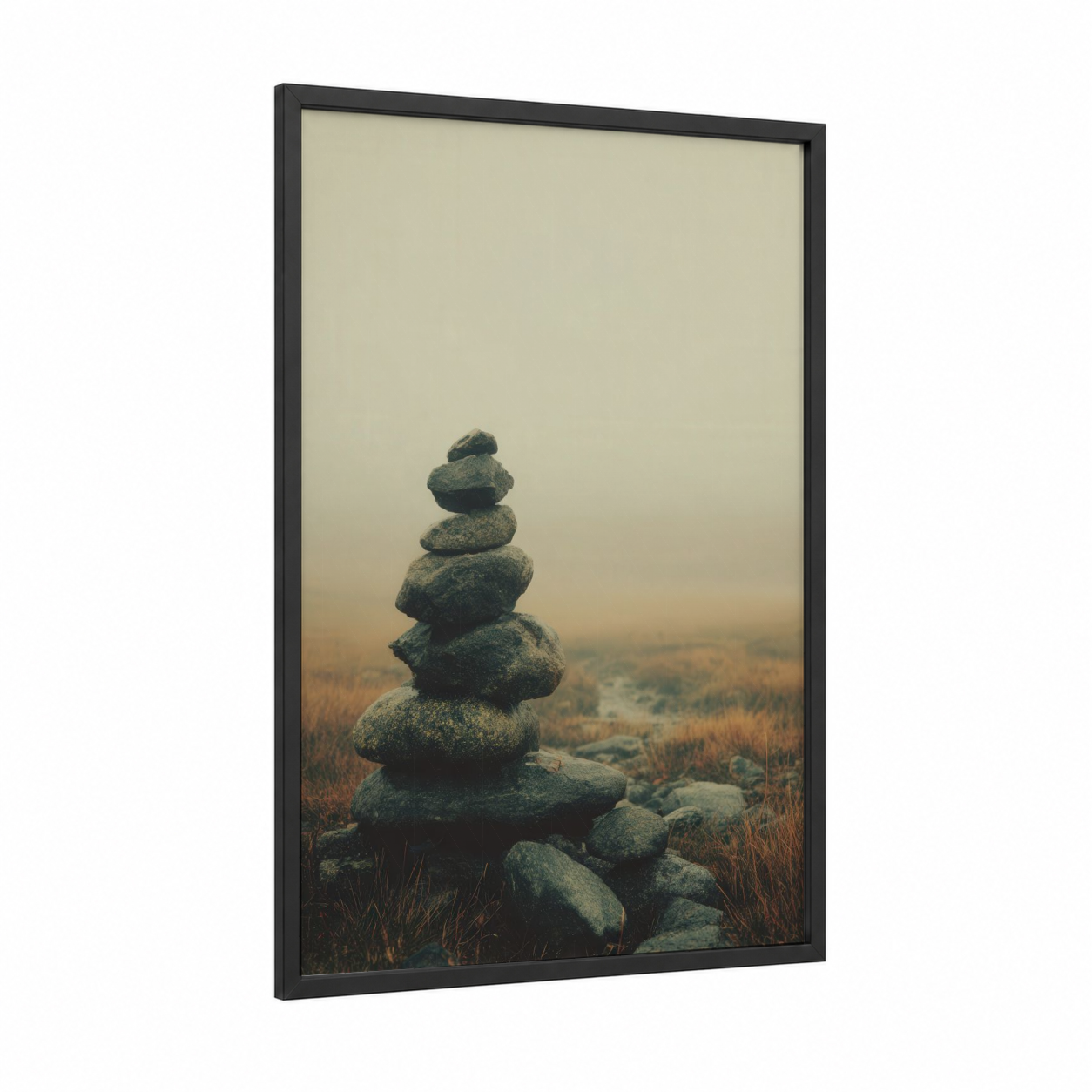 Misty Stone Cairn framed natural stones print — black wood frame — dove gray and beige palette