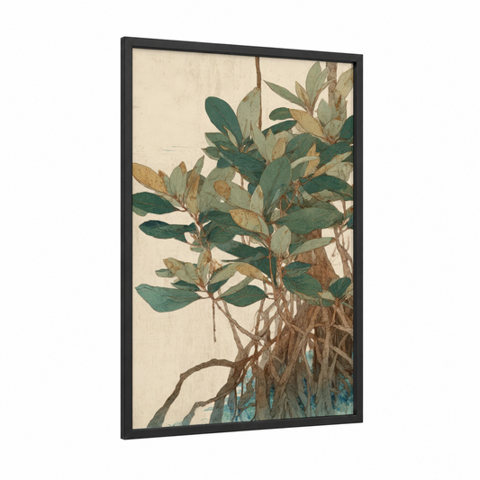 Coastal Mangrove framed art print — black wood frame — sage green and cream palette