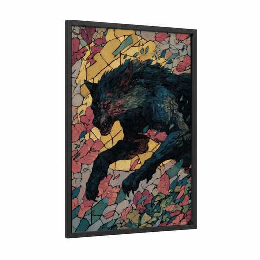 Nocturnal Werewolf framed art print — black wood frame — gold and maroon palette