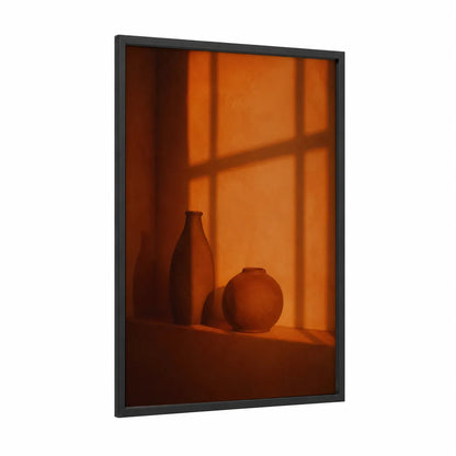 Minimalist Pottery Still Life Wall Art framed art print — black wood frame — orange and espresso palette