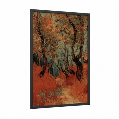 Autumn Oak Forest framed art print — black wood frame — orange and brown palette