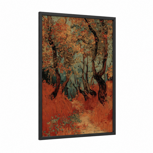 Autumn Oak Forest framed art print — black wood frame — orange and brown palette