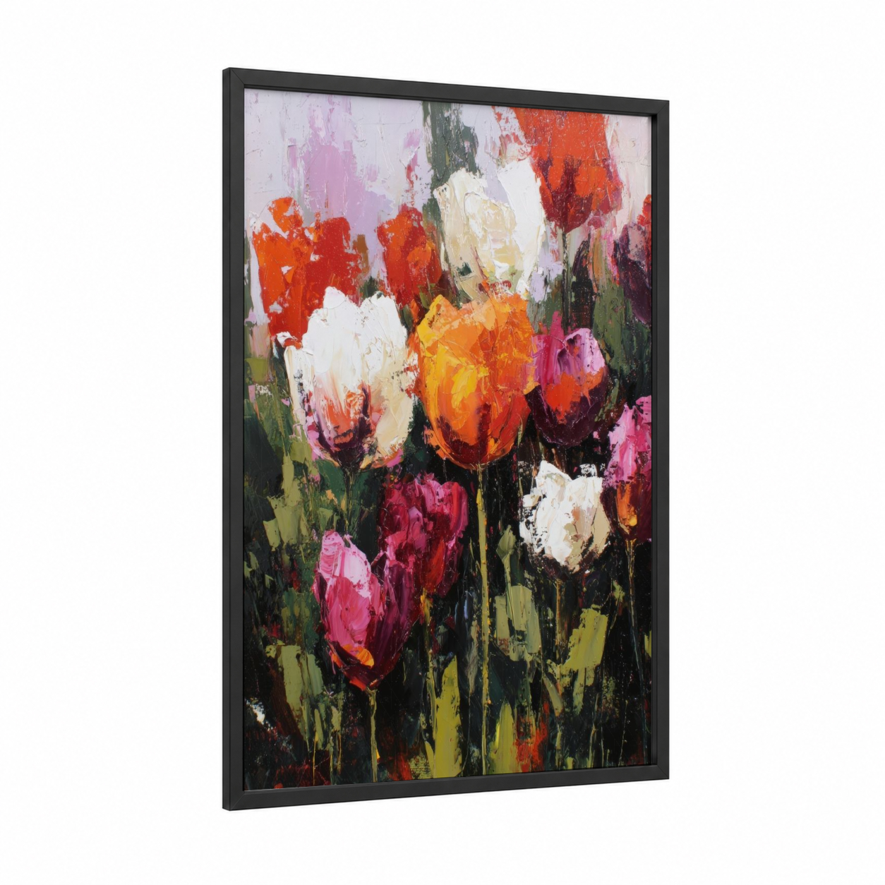 Vibrant Tulip Garden framed art print — black wood frame — red and gold palette