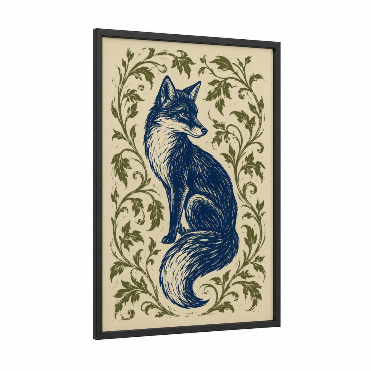Blue Fox With Botanical Border Wall Art framed art print — black wood frame — blue and cream palette