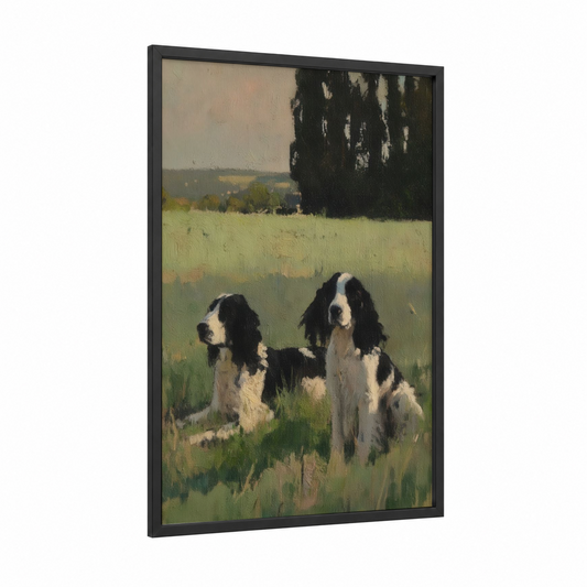 Pastoral Spaniel Pair framed art print — black wood frame — cream and olive palette
