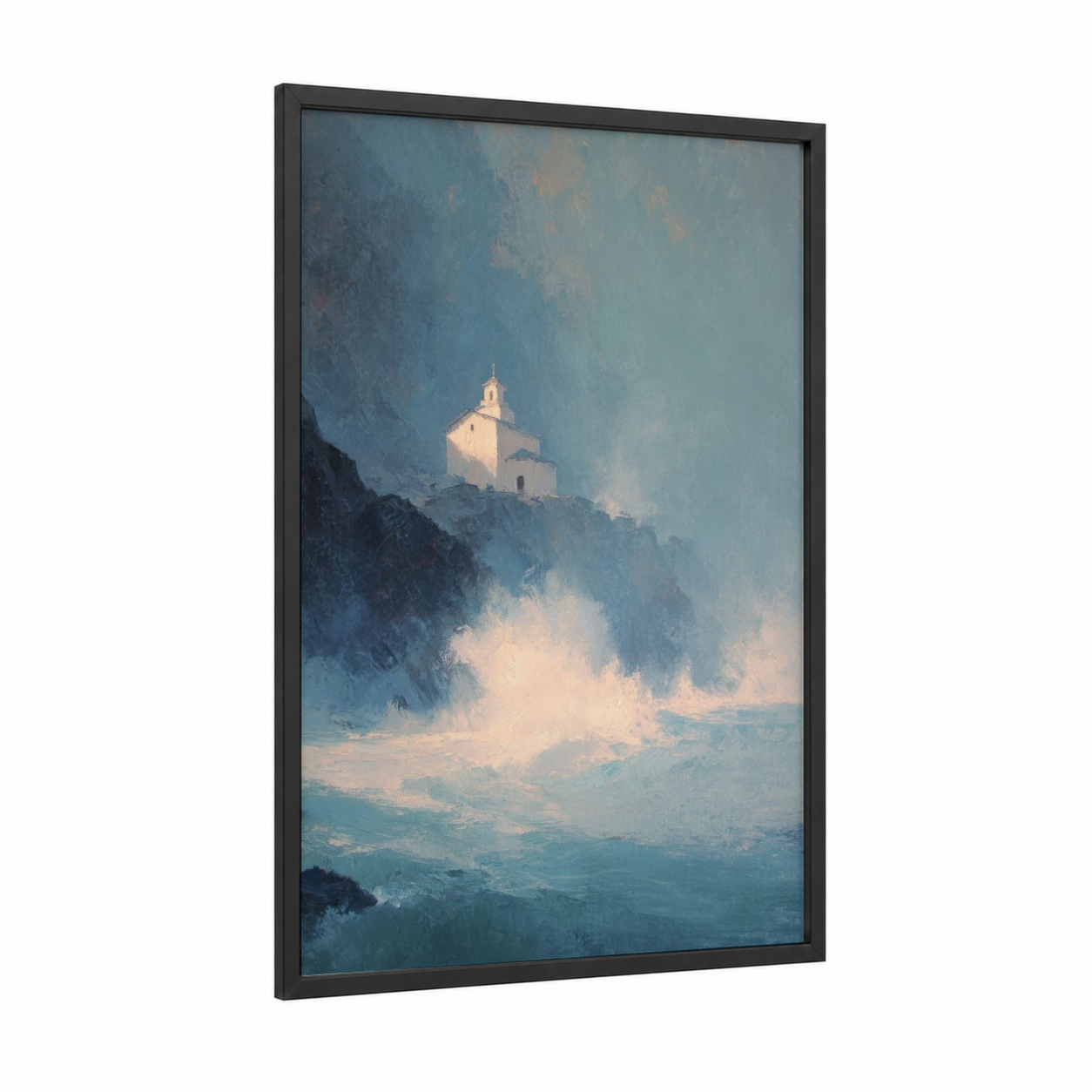 Coastal Chapel framed churches and chapels print — black wood frame — blue and cream palette