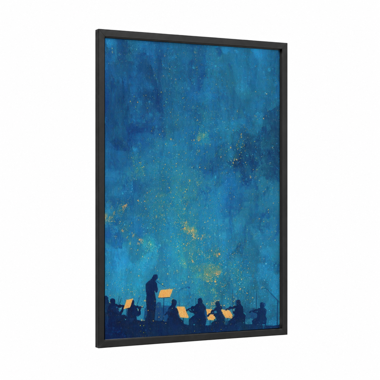 Celestial Orchestra framed classical print — black wood frame — blue and gold and white palette