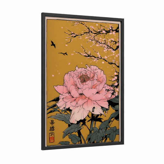 Golden Peony Bloom framed amarillys print — black wood frame — gold and salmon pink palette