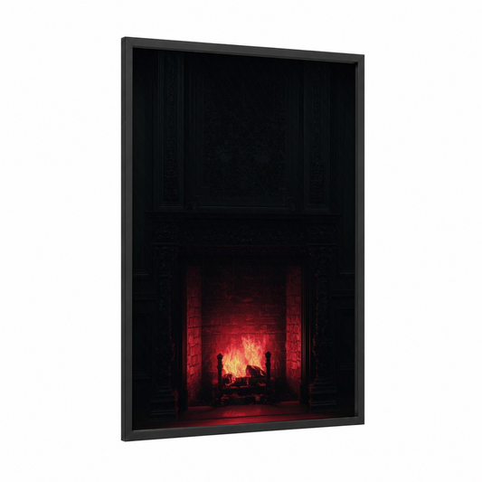 Glowing Fireplace framed art print — black wood frame — red and black palette